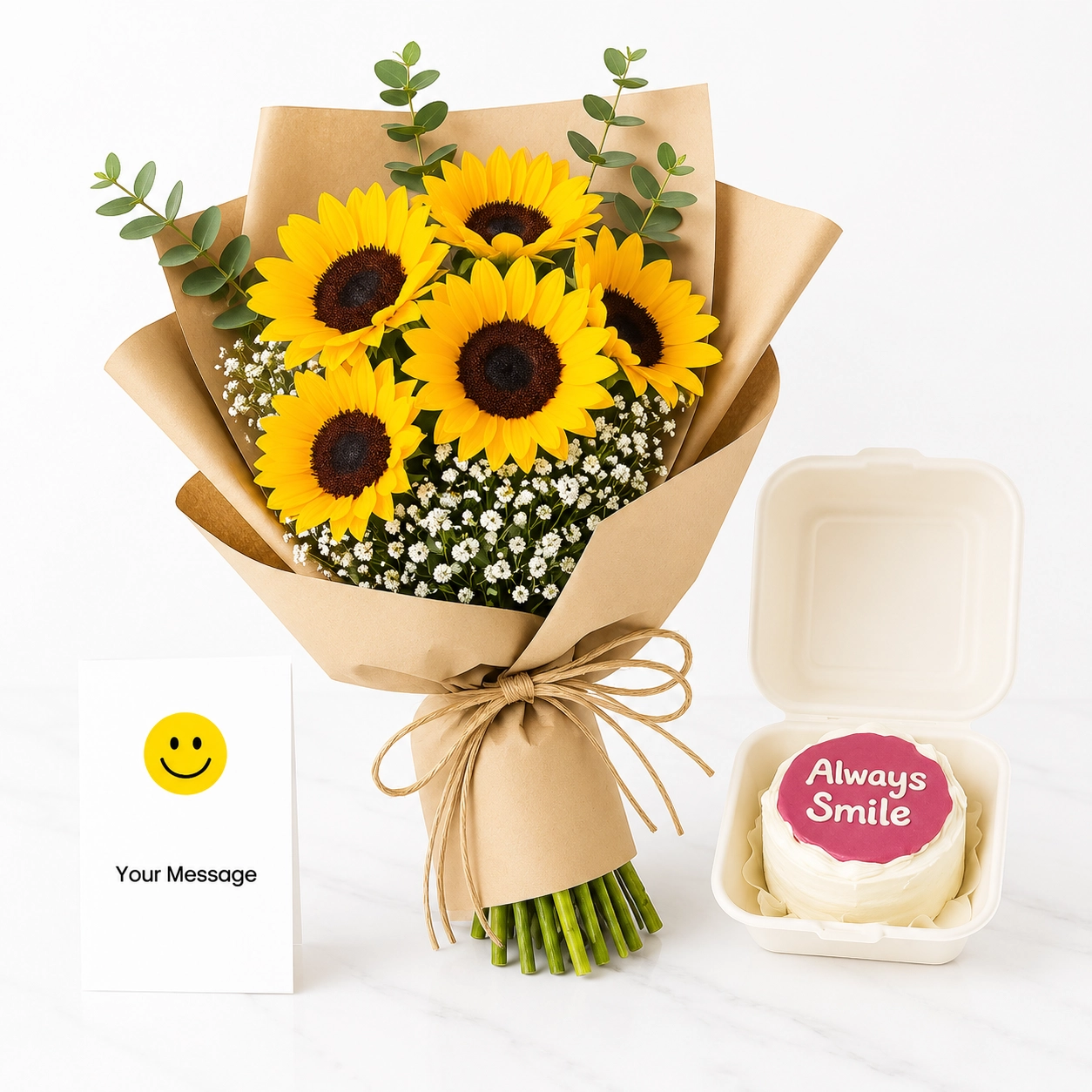 Sunny Sunflower Bouquet with Bento Cake featuring five fresh sunflowers and 200g lipstick bento cake